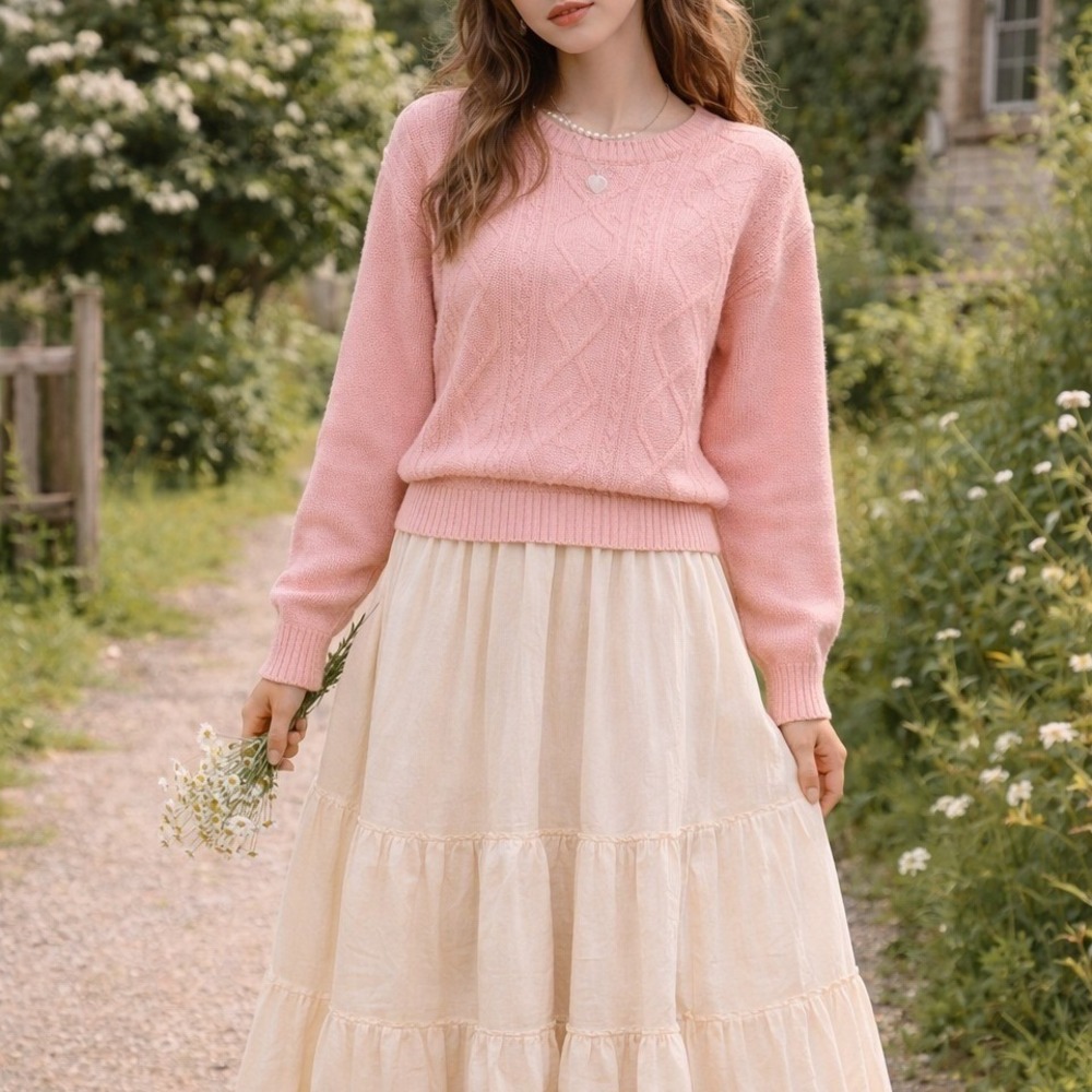Vintage Cottage Women's Pink Textured Knit Sweater Acrylic Crewneck - Size M